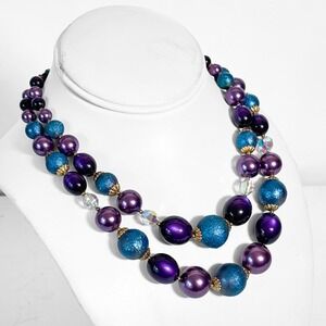 VTG Multi Strand Purple Teal Beaded Statement Necklace Faux Pearl Crystal